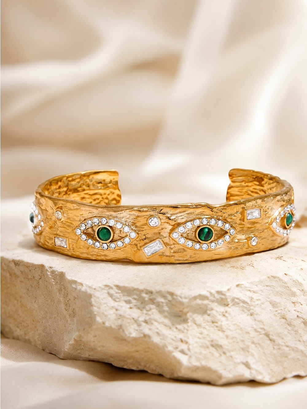 Gold plated Cuff Bracelet with Green Eye Accents
